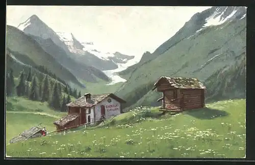 Künstler-AK August Splitgerber: Werbung für Chocolat Cailler an einer Berghütte