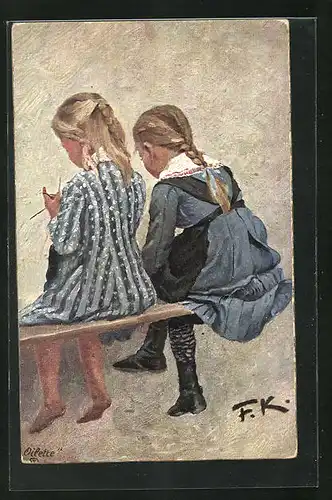 Künstler-AK Friedrich Kallmorgen: Zwei Freundinnen, Mädchen auf einer Bank sitzend