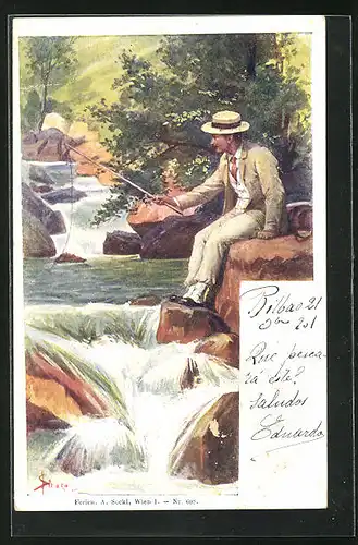 Künstler-AK Josef Straka: Mann mit Hut angelt am kleinen Wasserfall