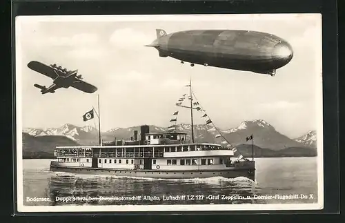 AK Bodensee, Doppelschrauben-Dieselmotorschiff Allgäu m. , Luftschiff Graf Zeppelin u. Dornier-Flugschiff