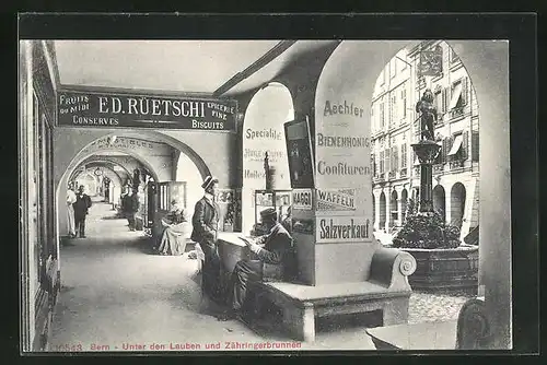 AK Bern, Unter den Lauben und Zähringerbrunnen mit Emailleschildern ED. Rüetschi u. Maggi