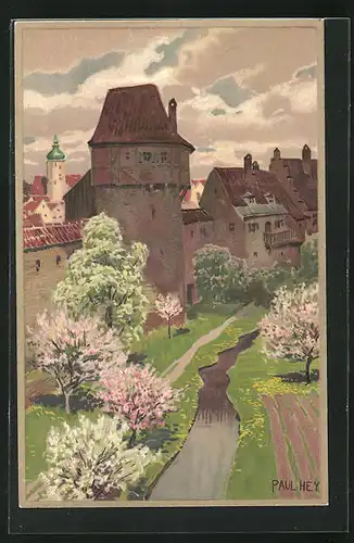 Künstler-Lithographie Paul Hey: Im Blütenflor, Stadtmauer und Obstbäume, Frühling
