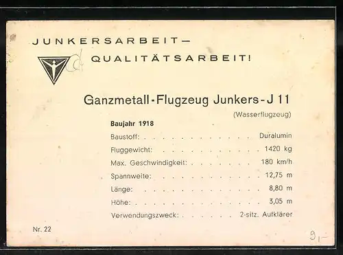 AK Ganzmetall-Wasserflugzeug Junkers-J 11