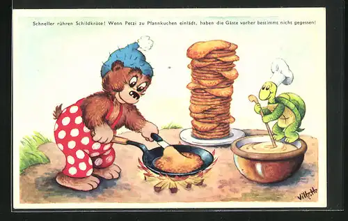 Künstler-AK Comic-Bär Petzi und Schldkröte braten Pfannkuchen