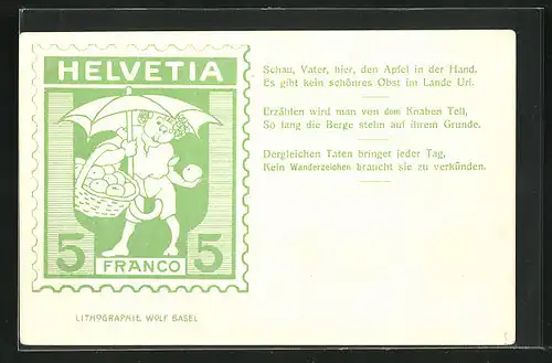 AK Briefmarke Helvetia 5 Franco, Schau, Vater, hier, den Apfel in der Hand..., Tell