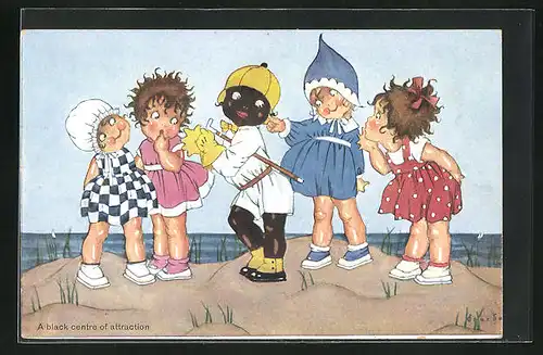 Künstler-AK Chicky Spark: Schwarzes Kind in elegantem Anzug wird an Strand von weissen Kindern bewundert