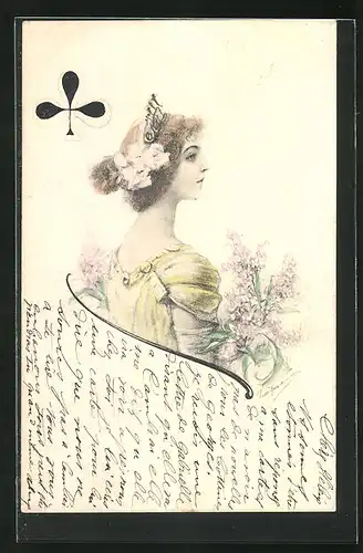 AK Elegante Dame mit Krone und Blumen als Kartenspiel Kreuz Dame