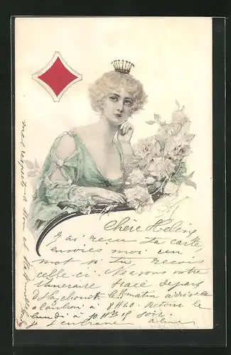AK Kartenspiel, Karo Dame mit Krone auf kurzem lockigem Haar in grünem Kleid