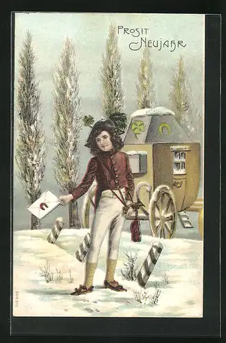 Präge-AK Bote mit einem Brief im Schnee, Neujahrsgruss