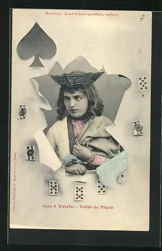 AK Valet de Pique, Les 4 Valets, Pik-Bube durch zerrissenes Papier mit Spielkarten