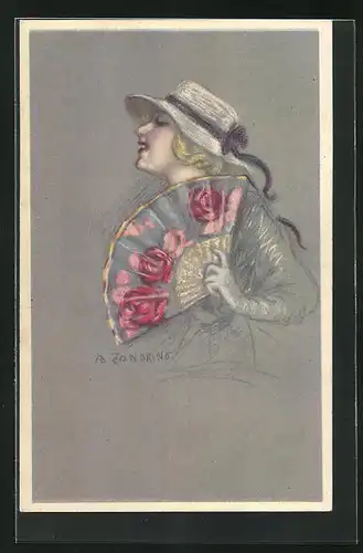 Künstler-AK A. Zandrino: Dame mit Hut und Fächer mit Rosen