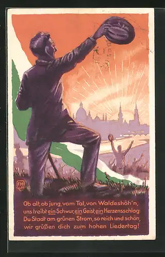 AK Dresden, 1. Sächsisches Sängerbundes-Fest 1925, Menschen jubeln mit Blick auf Stadt