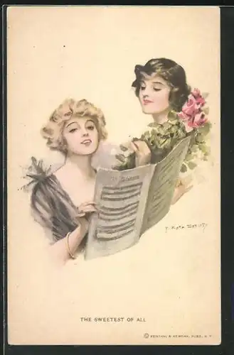 Künstler-AK F. Earl Christy: Zwei Damen mit kurzen Haaren singen von Notenblatt, The sweetest of all
