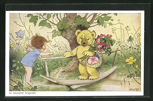 Künstler-AK Fritz Baumgarten: in tausend Ängsten, Bär mit Blumen und Korb auf Brett über Wasser schaut besorgt