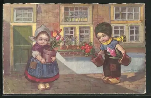 Künstler-AK E. Colombo: Mädchen und Junge in holländischer Tracht mit Blumenkübeln in Hand