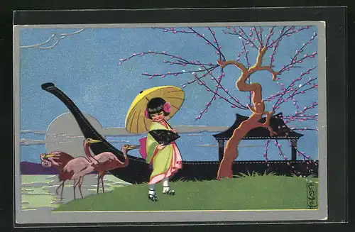 Künstler-AK Castelli: japanisches Mädchen neben Baum mit Knospen, Boot und rosafarbene Wasservögel