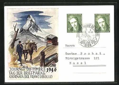 AK Tag der Briefmarke, Verband der Schweizer Philatelisten Vereine 1946, Postbote mit Packtier in Gebirge