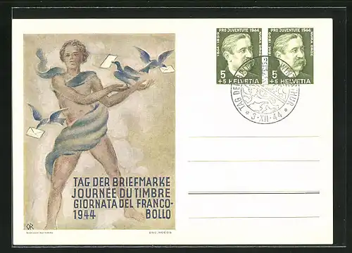 AK Tag der Briefmarke, Verband der Schweizer Philatelisten Vereine 1944, junger Mann mit Brieftauben