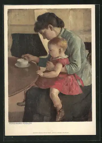 Künstler-AK Ferdinand Hodler: Schweizer Bundesfeier 1945, Mutter mit Mädchen auf dem Schoss am Tisch