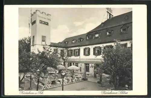 AK Rüdesheim a. Rh., Gasthaus Rüdesheimer Schloss mit Gartenrestaurant