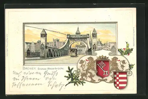 Passepartout-Lithographie Bremen, Grosse Weserbrücke mit Strassenbahn, Wappen