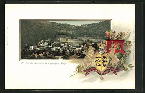 Passepartout-Lithographie Wildbad, Kernerstrasse und obere Olgastrasse, Wappen