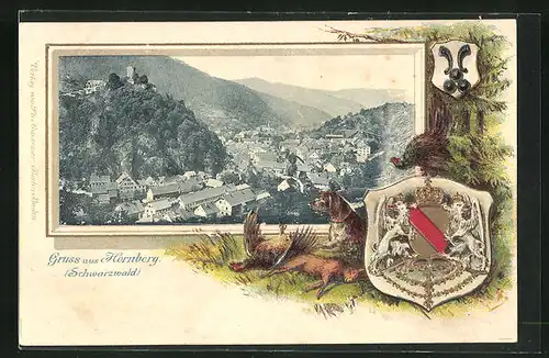 Passepartout-Lithographie Hornberg / Schwarzwald, Schloss, Wappen, Jagdhund mit erlegtem Wild