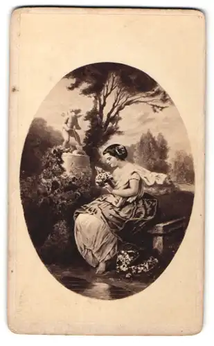 Fotografie Gemälde, elegantes Mädchen mit Strauss Feldblumen