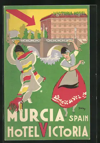 Künstler-AK Murcia, Hotel Victoria, Tanzende Spanier