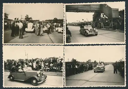 4 Fotografien Formel 2 Autorennen bei Halberstadt, Sieger bei Ehrenrunde im Mercedes Benz Cabrio