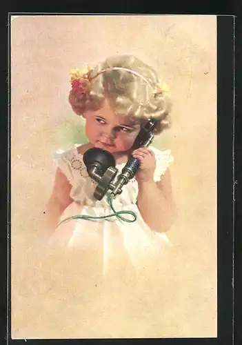 AK Kleines blondes Mädchen hält einen Telefonhörer in der Hand