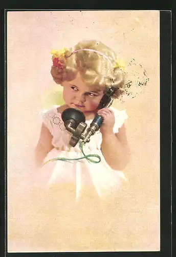 AK Kleines blondes Mädchen hat einen Telefonhörer in der Hand