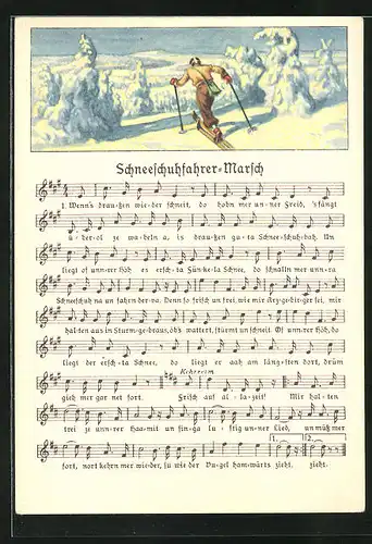 Lied-AK Anton Günther Nr. 8984: Skifahrer in Winterlandschaft, Text Schneeschuhfahrer-Marsch