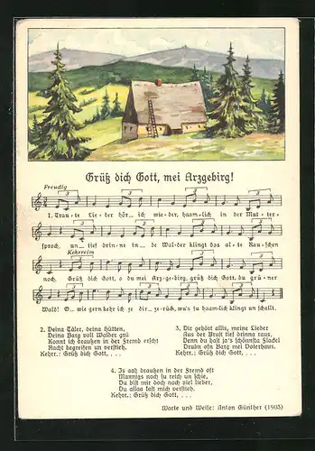 Lied-AK Anton Günther Nr. 8982: Hütte auf der Anhöhe, Text Grüss dich Gott, mei Arzgebirg