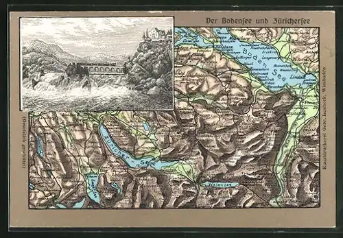 Relief-AK Neuhausen am Rheinfall, Landkarte der Region um Bodensee und Zürichersee, Rheinfall