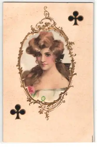 Seiden-AK Kreuz Dame beim Kartenspiel