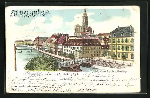 Lithographie Strassburg, Blick vom Fischerstaden auf die Kathedrale