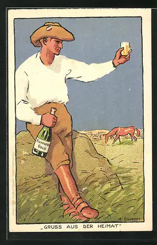 AK Rancher blickt auf seine Pferde und hält ein Glas Wein, Reklame für Kupferberg Gold, Schutztruppe