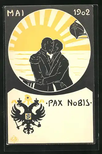 AK Zar Nikolaus II. von Russland u. Präsident Loubet von Frankreich umarmen sich vor aufgehender Sonne, Pax 1902, Wappen