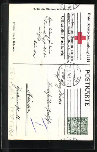 Künstler-AK Ludwig Hohlwein: Verwundeter Soldat, Rote Kreuz Sammlung 1914, Ganzsache Bayern PP 38 C7 /01