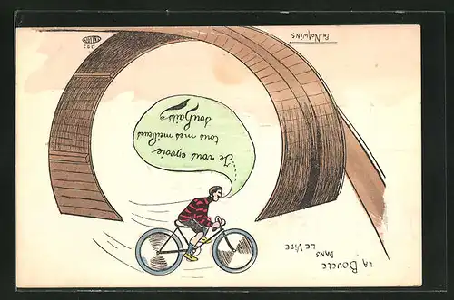 Künstler-AK Philippe Norwins: Mann mit Fahrrad auf Looping-Strecke