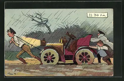 Künstler-AK Tom Browne: Männer schleppen das Auto im Regen ab