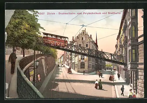 AK Zürich, Drahtseilbahn zum Polytechnikum und Stadtkeller, Bergbahn