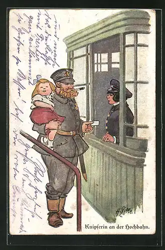 Künstler-AK Heinrich Zille: Knipserin an der Hochbahn und Soldat mit seiner Tochter