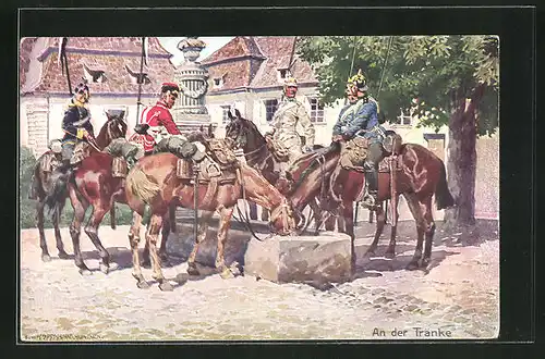 Künstler-AK Anton Hoffmann - München: An der Tränke, Soldaten in Uniformen zu Pferde