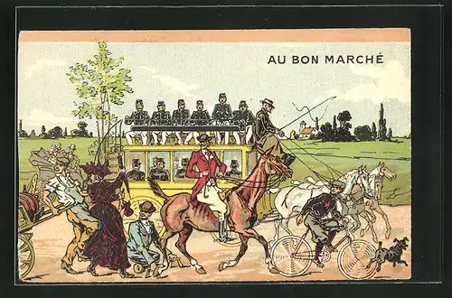 AK Au Bon Marche, Soldaten in Uniform auf einem Wagen, Radfahrer u. Behinderter