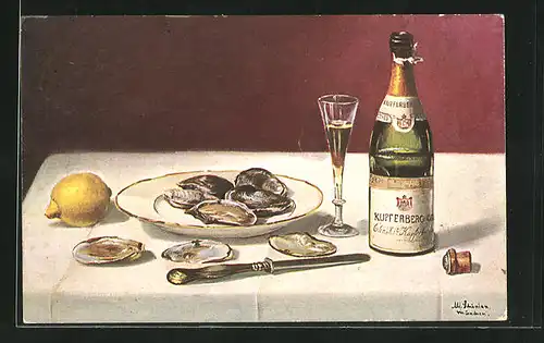 Künstler-AK Beatrice Mallet: Stillleben mit Muscheln und Champagner auf dem Tisch