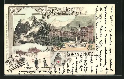 Künstler-AK Grindelwald, Grand Hotel Bear im Sommer und Winter