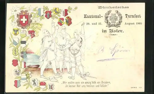 Präge-AK Uster, Zürcherisches Kantonal-Turnfest 1905, Männer beim Schwur, Wappen
