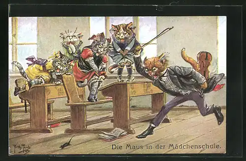 Künstler-AK Arthur Thiele: vermenschlichte Katzenmädchen flüchten vor einer Maus auf die Schulbänke